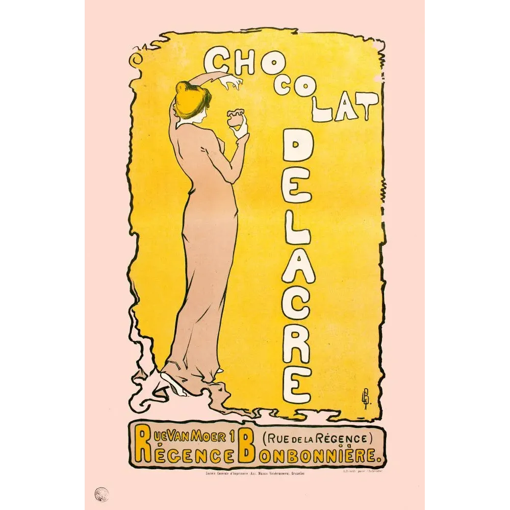 Affiche pub vintage chocolat Delacre Bruxelles Art Nouveau femme de dos robe beige fond jaune typographie verticale Affiche pub vintage chocolat Delacre Bruxelles Art Nouveau femme de dos robe beige fond jaune typographie verticale