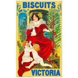 Affiche pub vintage biscuits Victoria Bruxelles Art Nouveau femme couronnée robe rouge angelots mosaïques