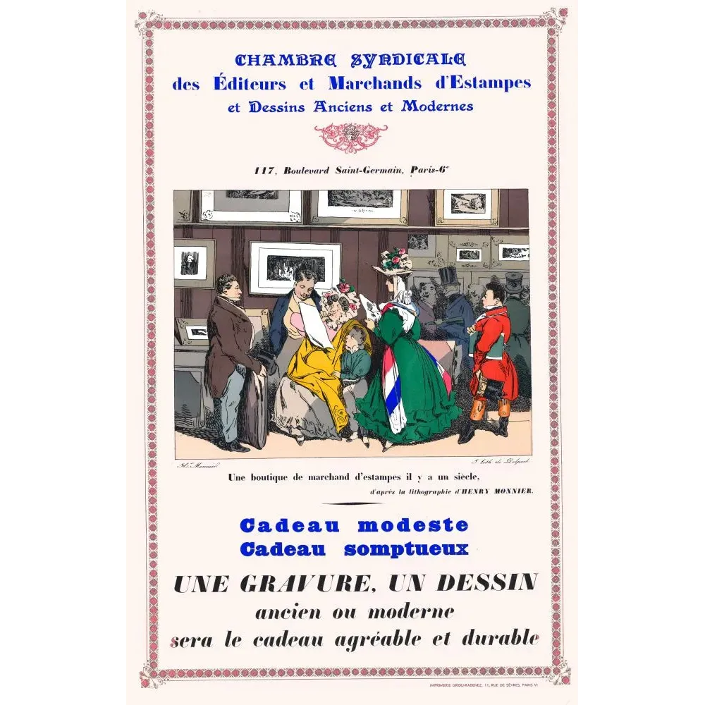 Affiche pub vintage Chambre Syndicale Estampes Paris boulevard Saint-Germain boutique XIXe Henry Monnier Affiche pub vintage Chambre Syndicale Estampes Paris boulevard Saint-Germain boutique XIXe Henry Monnier