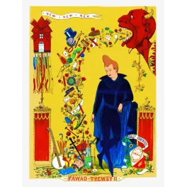 Affiche spectacle magie Fawad-Trewey fantaisiste fin XIXe siècle diable rouge objets prestidigitation fond jaune