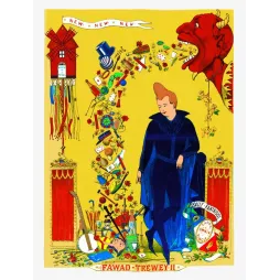 Affiche spectacle magie Fawad-Trewey fantaisiste fin XIXe siècle diable rouge objets prestidigitation fond jaune