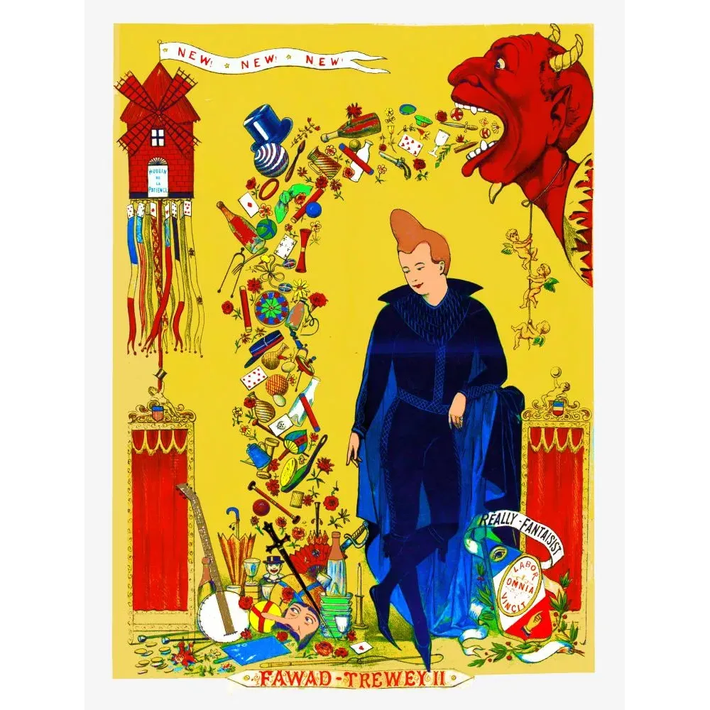 Affiche spectacle magie Fawad-Trewey fantaisiste fin XIXe siècle diable rouge objets prestidigitation fond jaune Affiche spectacle magie Fawad-Trewey fantaisiste fin XIXe siècle diable rouge objets prestidigitation fond jaune