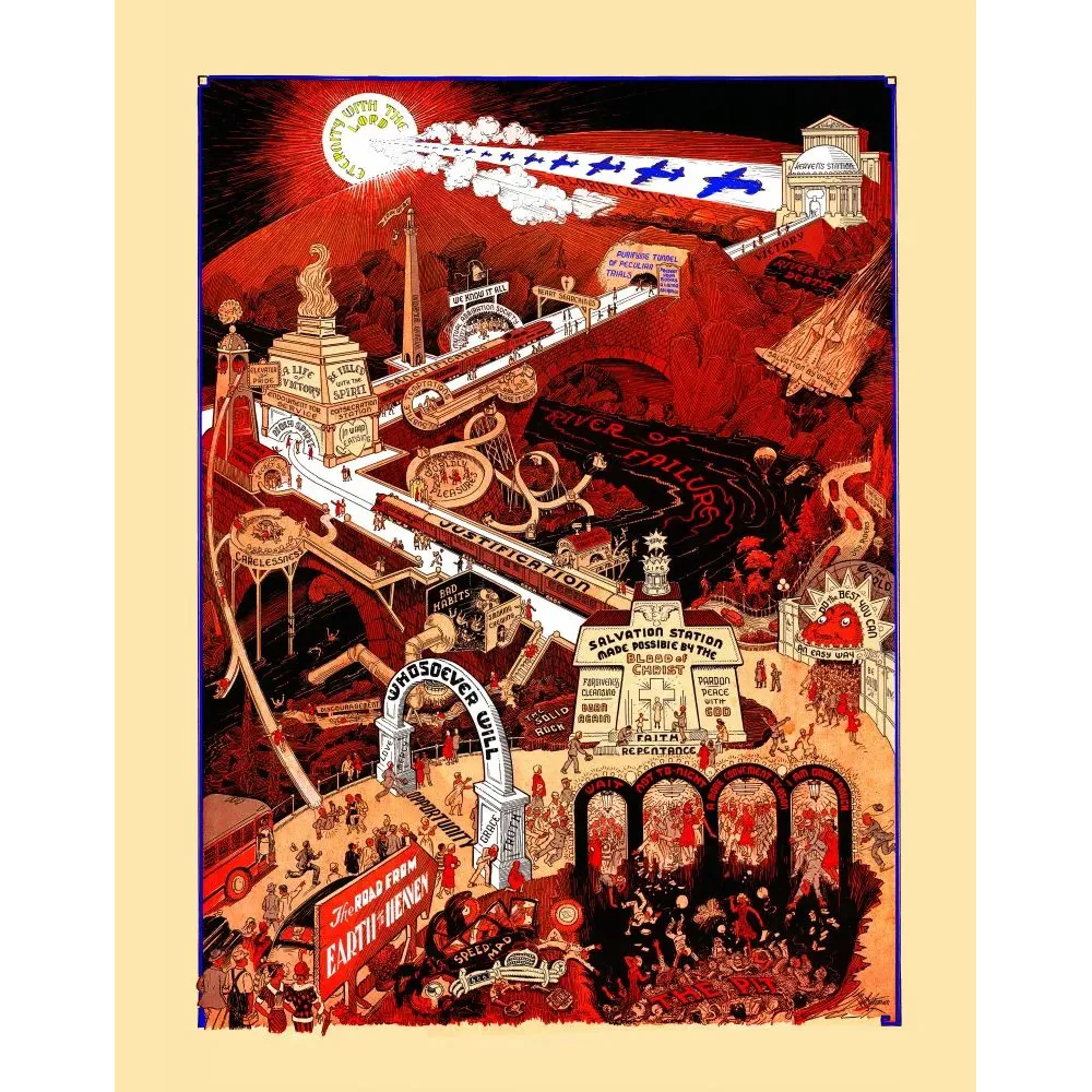 Illustration ancienne allégorie religieuse américaine Road Earth Heaven chemin salut paradis enfer foules rouge