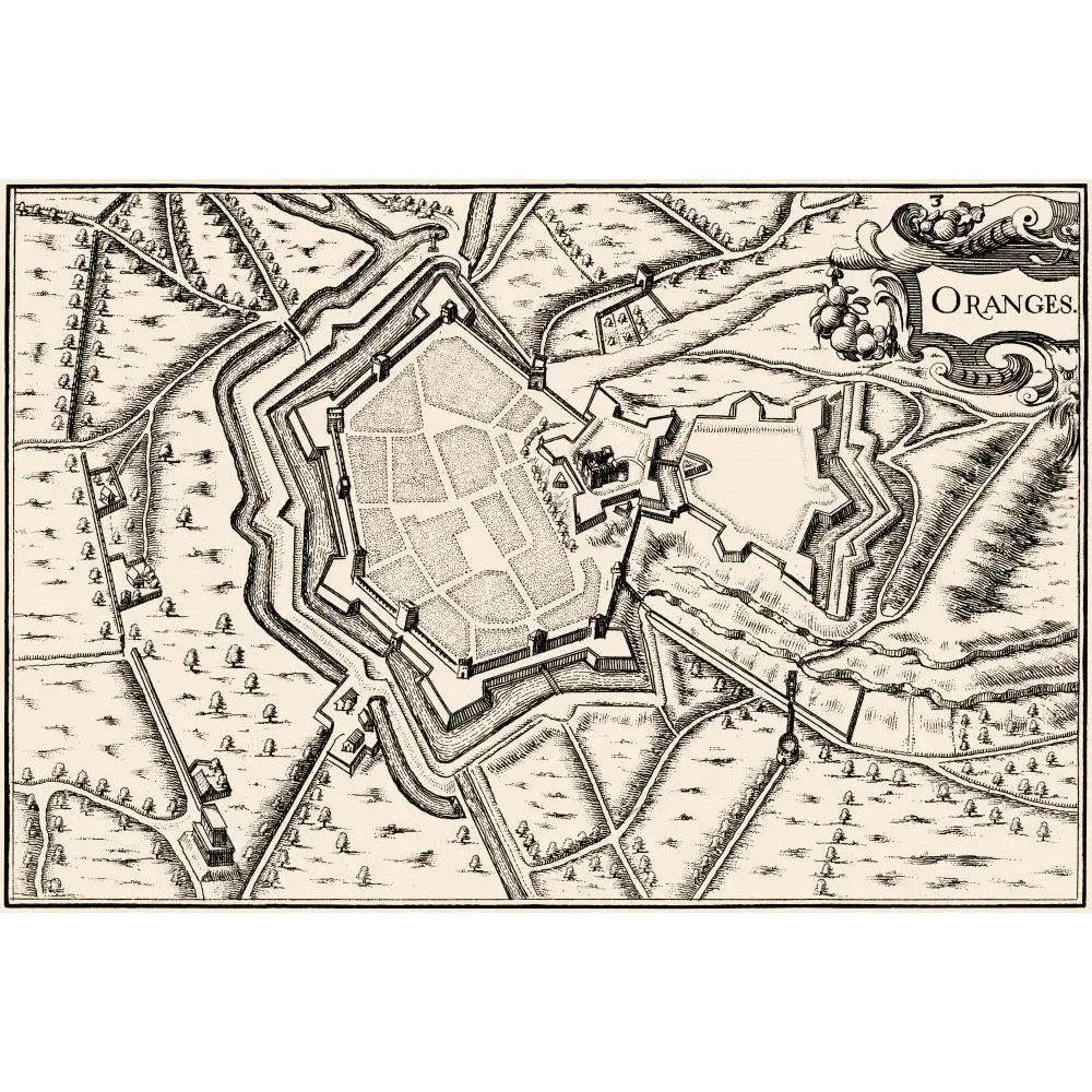 Plan ancien ville d'Orange Vaucluse fortifiée XVIIe siècle remparts bastions douves vue à vol d'oiseau Plan ancien ville d'Orange Vaucluse fortifiée XVIIe siècle remparts bastions douves vue à vol d'oiseau