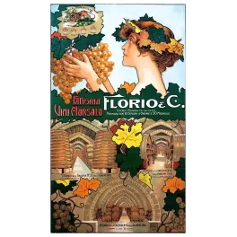 Affiche pub vintage Vini Marsala Florio Sicile début XXe siècle raisins dorés galeries fûts Art Nouveau