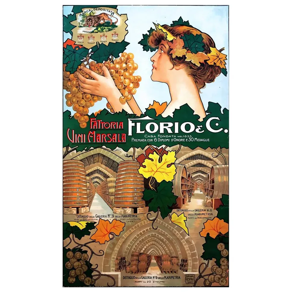 Affiche pub vintage Vini Marsala Florio Sicile début XXe siècle raisins dorés galeries fûts Art Nouveau Affiche pub vintage Vini Marsala Florio Sicile début XXe siècle raisins dorés galeries fûts Art Nouveau