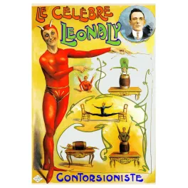 Affiche spectacle Leonaly contorsioniste cirque début XXe siècle diable rouge acrobaties grand écart tonneau