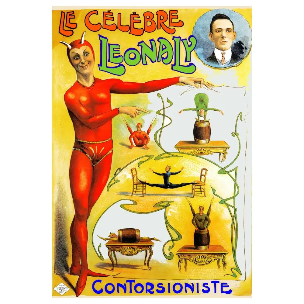 Affiche spectacle Leonaly contorsioniste cirque début XXe siècle diable rouge acrobaties grand écart tonneau Affiche spectacle Leonaly contorsioniste cirque début XXe siècle diable rouge acrobaties grand écart tonneau