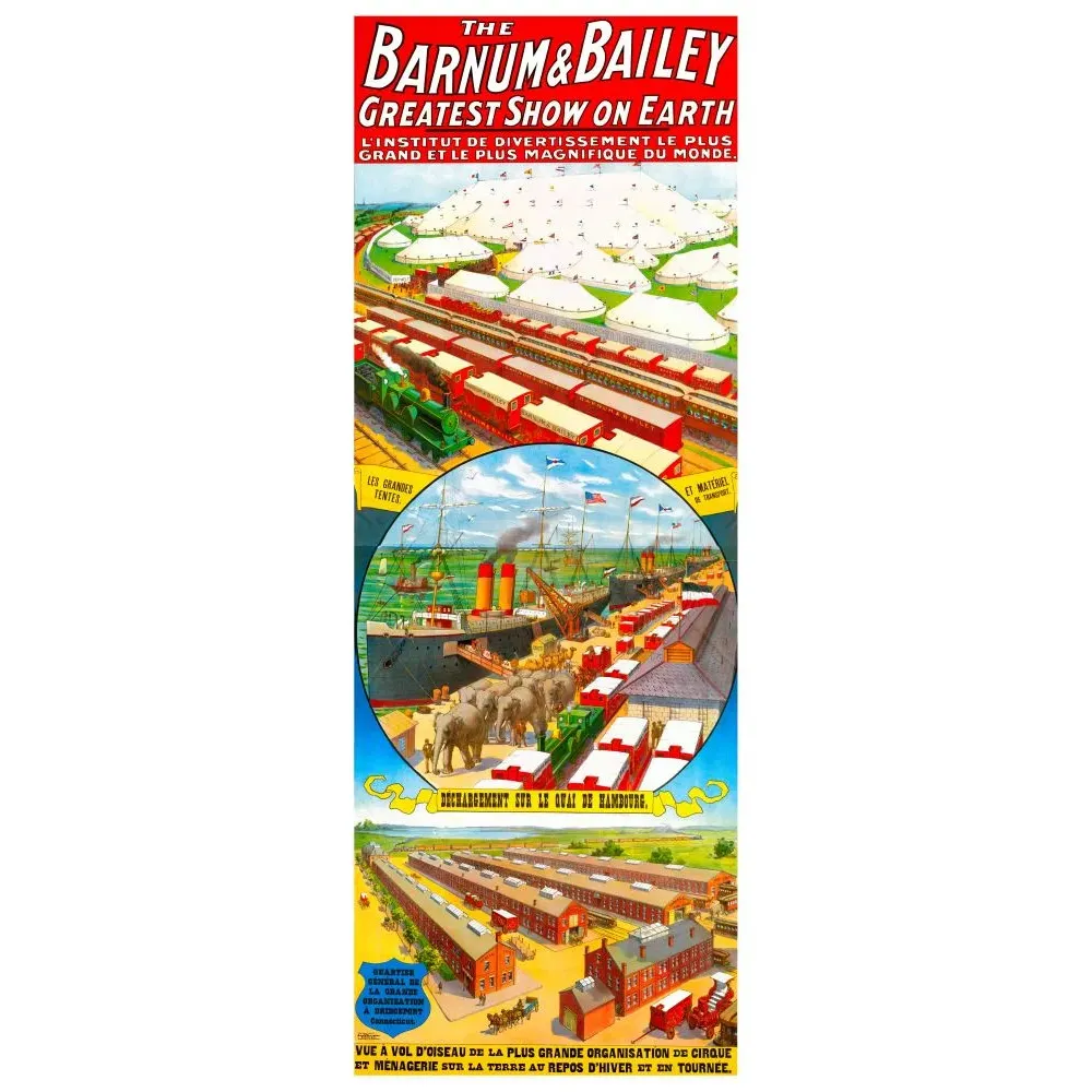 Affiche pub vintage cirque Barnum Bailey Greatest Show on Earth trains éléphants quai Hambourg version française Affiche pub vintage cirque Barnum Bailey Greatest Show on Earth trains éléphants quai Hambourg version française