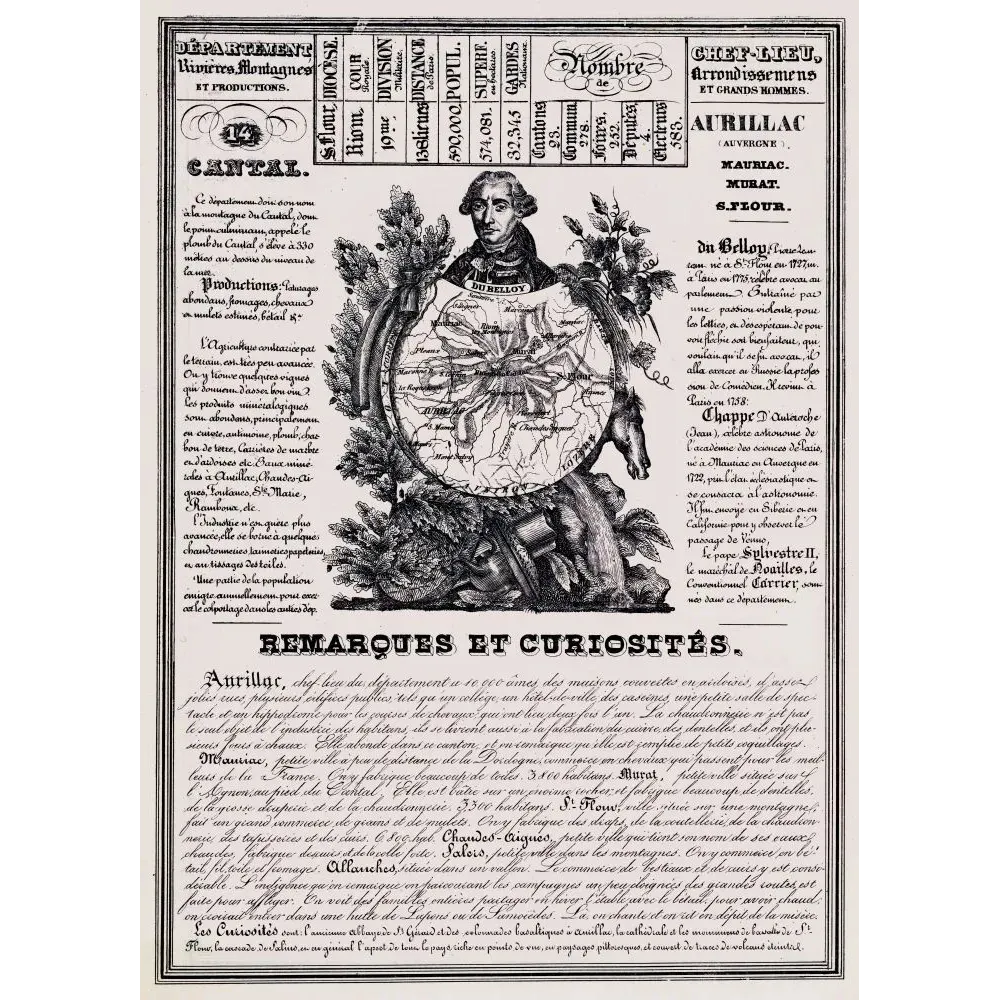 Document ancien département Cantal XIXe siècle Aurillac fromages volcans curiosités portrait Du Belloy Auvergne Document ancien département Cantal XIXe siècle Aurillac fromages volcans curiosités portrait Du Belloy Auvergne