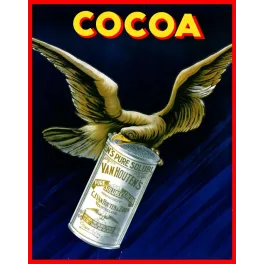 Affiche pub vintage cacao Van Houten Hollande aigle ailes déployées boîte argentée fond bleu nuit