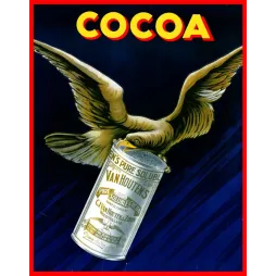 Affiche pub vintage cacao Van Houten Hollande aigle ailes déployées boîte argentée fond bleu nuit