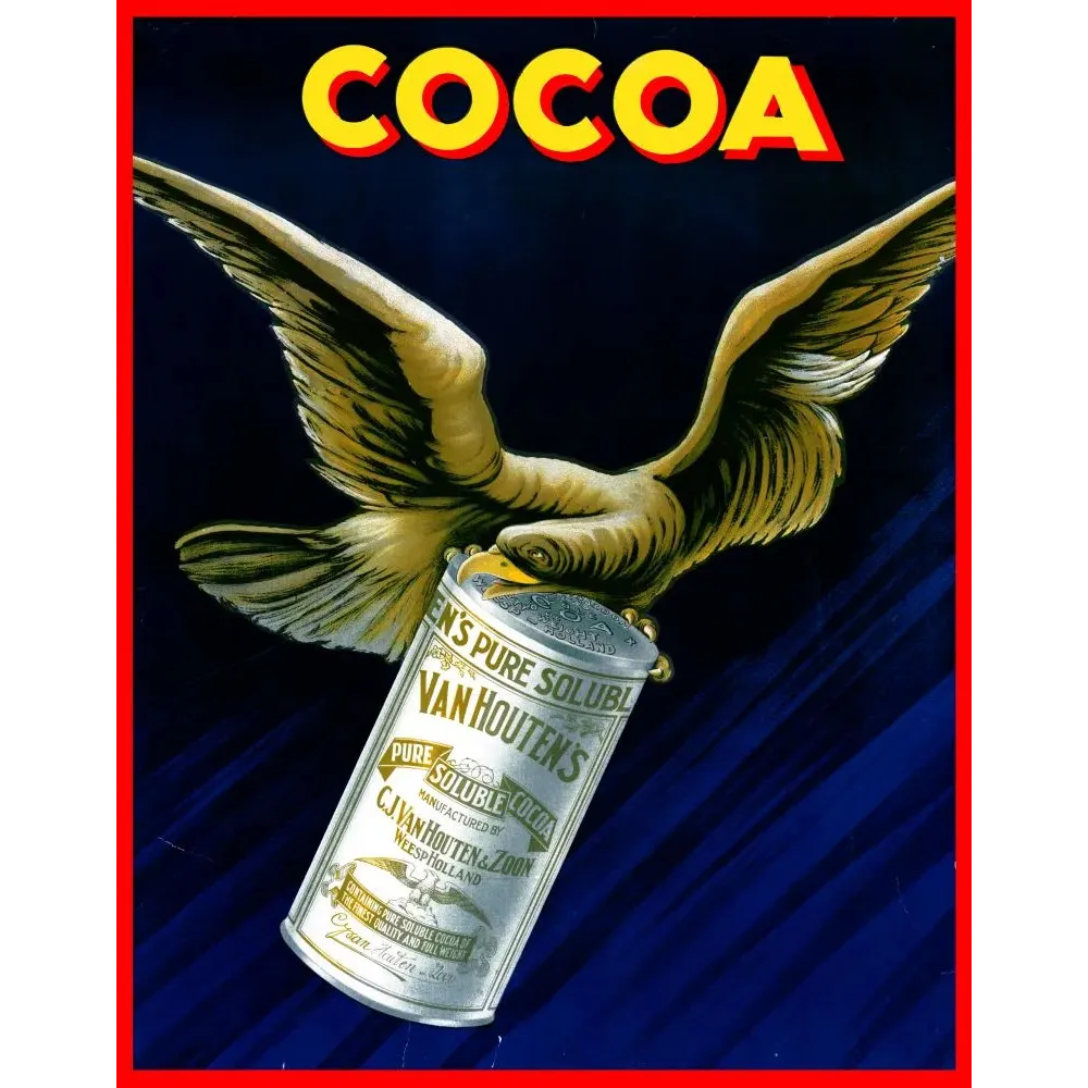 Affiche pub vintage cacao Van Houten Hollande aigle ailes déployées boîte argentée fond bleu nuit Affiche pub vintage cacao Van Houten Hollande aigle ailes déployées boîte argentée fond bleu nuit