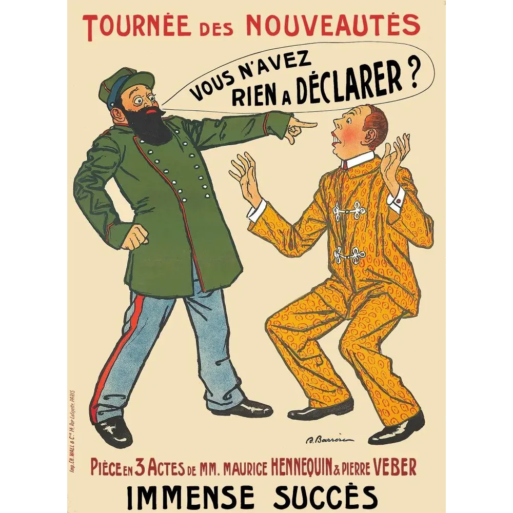 Affiche théâtre comique Vous n'avez rien à déclarer Hennequin Veber Barrère douanier uniforme vert homme costume jaune début XXe