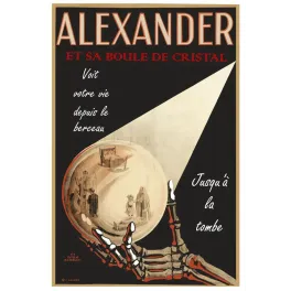 Affiche spectacle magie Alexander boule de cristal main squelette rouge fond noir voyance berceau tombe années 1930