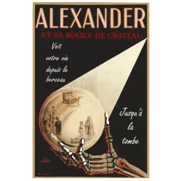 Affiche spectacle magie Alexander boule de cristal main squelette rouge fond noir voyance berceau tombe années 1930