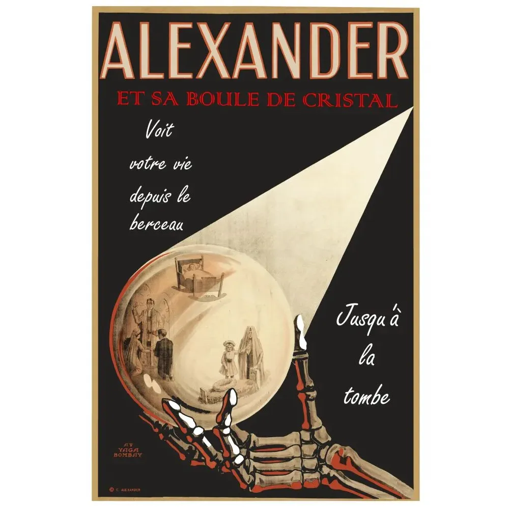Affiche spectacle magie Alexander boule de cristal main squelette rouge fond noir voyance berceau tombe années 1930 Affiche spectacle magie Alexander boule de cristal main squelette rouge fond noir voyance berceau tombe années 1930