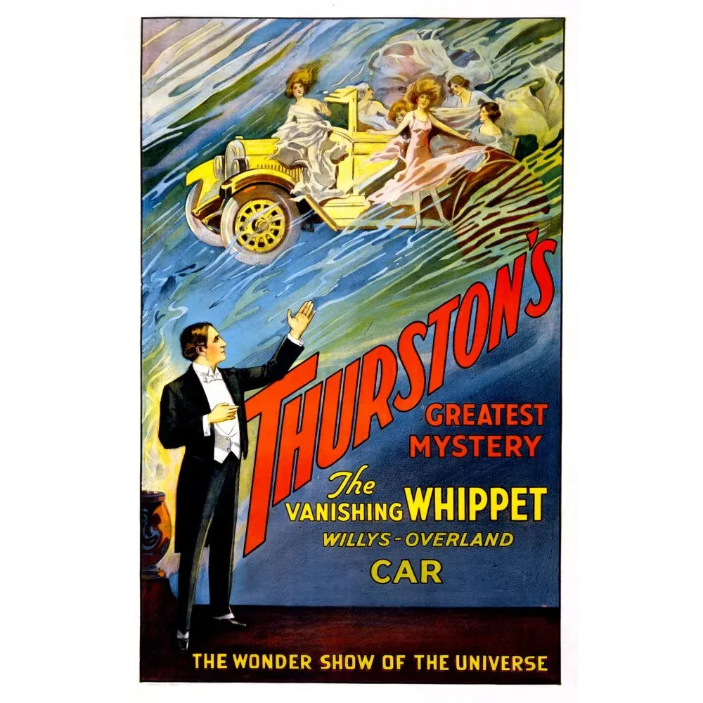 Affiche spectacle magie Thurston Vanishing Whippet Car automobile disparaissante illusionniste américain années 1920 Affiche spectacle magie Thurston Vanishing Whippet Car automobile disparaissante illusionniste américain années 1920