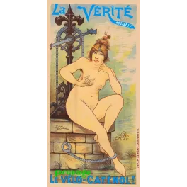 Affiche publicité Vélo-Caténol 1897 allégorie Vérité nue mécanisme chaîne vélo Decam humour cyclisme
