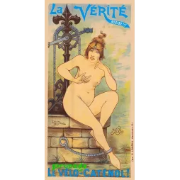 Affiche publicité Vélo-Caténol 1897 allégorie Vérité nue mécanisme chaîne vélo Decam humour cyclisme