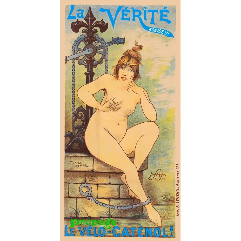 Affiche publicité Vélo-Caténol 1897 allégorie Vérité nue mécanisme chaîne vélo Decam humour cyclisme Affiche publicité Vélo-Caténol 1897 allégorie Vérité nue mécanisme chaîne vélo Decam humour cyclisme