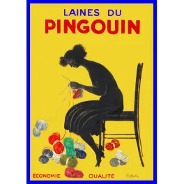 Affiche publicité Laines du Pingouin Cappiello silhouette noire femme tricot pelotes multicolores fond jaune années 1930