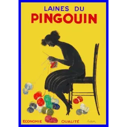 Affiche publicité Laines du Pingouin Cappiello silhouette noire femme tricot pelotes multicolores fond jaune années 1930