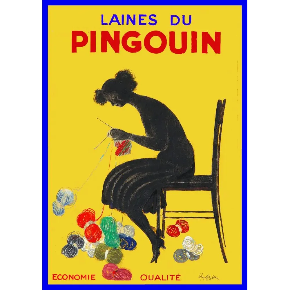 Affiche publicité Laines du Pingouin Cappiello silhouette noire femme tricot pelotes multicolores fond jaune années 1930 Affiche publicité Laines du Pingouin Cappiello silhouette noire femme tricot pelotes multicolores fond jaune années 1930