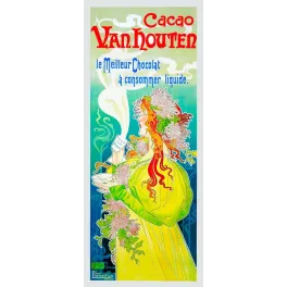 Affiche publicité cacao Van Houten Privat-Livemont Bruxelles 1897 Art Nouveau femme rousse chrysanthèmes tasse fumante