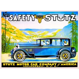 Affiche publicité automobile New Safety Stutz 8 Indianapolis berline bleue jantes dorées paysage montagneux années 1920