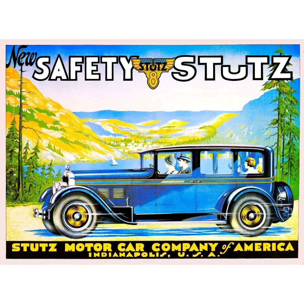 Affiche publicité automobile New Safety Stutz 8 Indianapolis berline bleue jantes dorées paysage montagneux années 1920 Affiche publicité automobile New Safety Stutz 8 Indianapolis berline bleue jantes dorées paysage montagneux années 1920