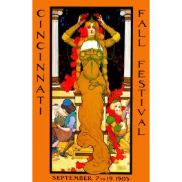 Affiche Cincinnati Fall Festival septembre 1903 Strobridge Litho Art Nouveau figure féminine dorée colonnes fleurs automne