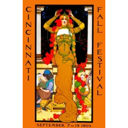 Affiche Cincinnati Fall Festival septembre 1903 Strobridge Litho Art Nouveau figure féminine dorée colonnes fleurs automne