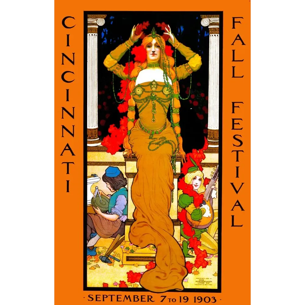 Affiche Cincinnati Fall Festival septembre 1903 Strobridge Litho Art Nouveau figure féminine dorée colonnes fleurs automne