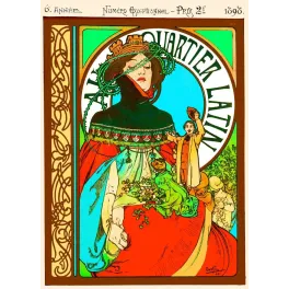 Couverture magazine Au Quartier Latin 1898 Alphonse Mucha Art Nouveau figure féminine rouge manteau noir médaillon bleu
