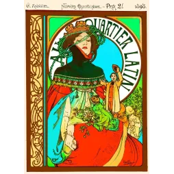 Couverture magazine Au Quartier Latin 1898 Alphonse Mucha Art Nouveau figure féminine rouge manteau noir médaillon bleu