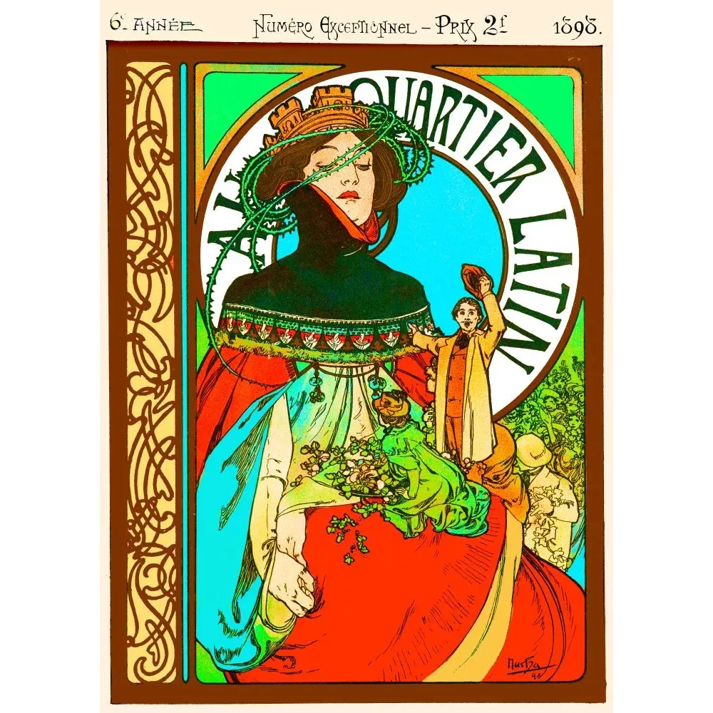 Couverture magazine Au Quartier Latin 1898 Alphonse Mucha Art Nouveau figure féminine rouge manteau noir médaillon bleu Couverture magazine Au Quartier Latin 1898 Alphonse Mucha Art Nouveau figure féminine rouge manteau noir médaillon bleu