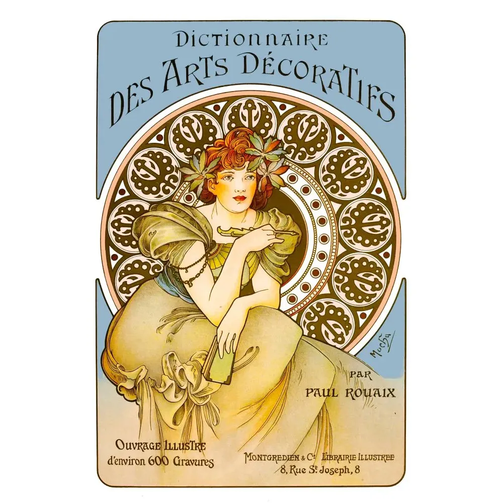 Couverture Alphonse Mucha Dictionnaire Arts Décoratifs Paul Rouaix Montgredien Paris médaillon doré rosaces femme rousse Couverture Alphonse Mucha Dictionnaire Arts Décoratifs Paul Rouaix Montgredien Paris médaillon doré rosaces femme rousse