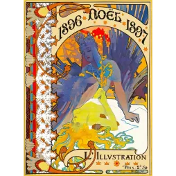 Couverture Noël 1896-1897 L'Illustration Alphonse Mucha figures allégoriques bleue dorée sapin étoiles Art Nouveau