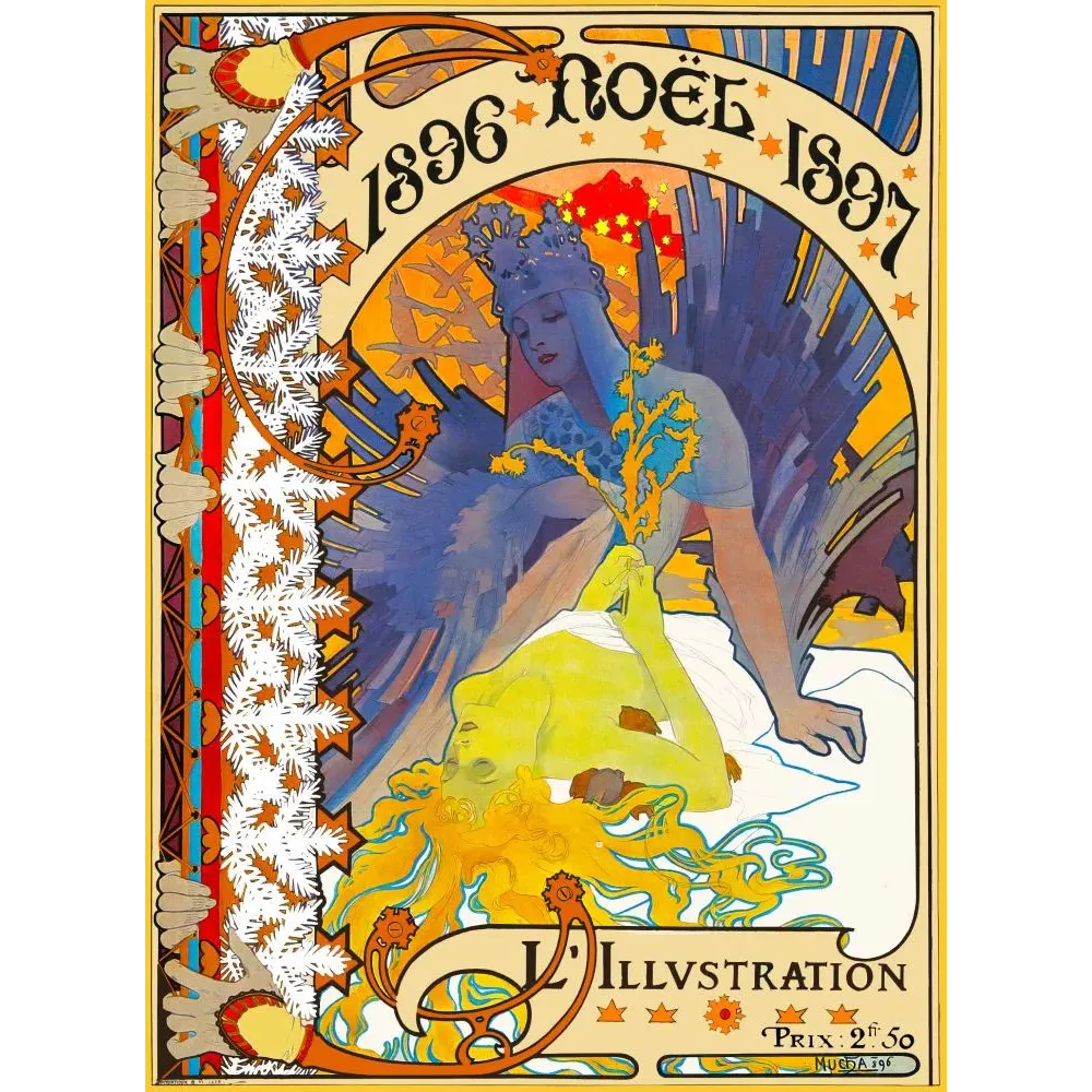 Couverture Noël 1896-1897 L'Illustration Alphonse Mucha figures allégoriques bleue dorée sapin étoiles Art Nouveau Couverture Noël 1896-1897 L'Illustration Alphonse Mucha figures allégoriques bleue dorée sapin étoiles Art Nouveau