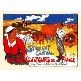 Affiche Syndicat Central Agriculteurs France 1900 Georges Fay paysanne robe rouge bœufs champs dorés Paris
