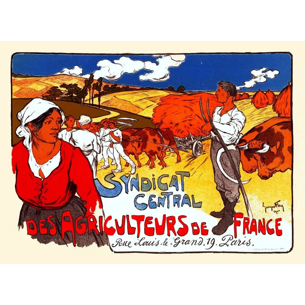 Affiche Syndicat Central Agriculteurs France 1900 Georges Fay paysanne robe rouge bœufs champs dorés Paris Affiche Syndicat Central Agriculteurs France 1900 Georges Fay paysanne robe rouge bœufs champs dorés Paris