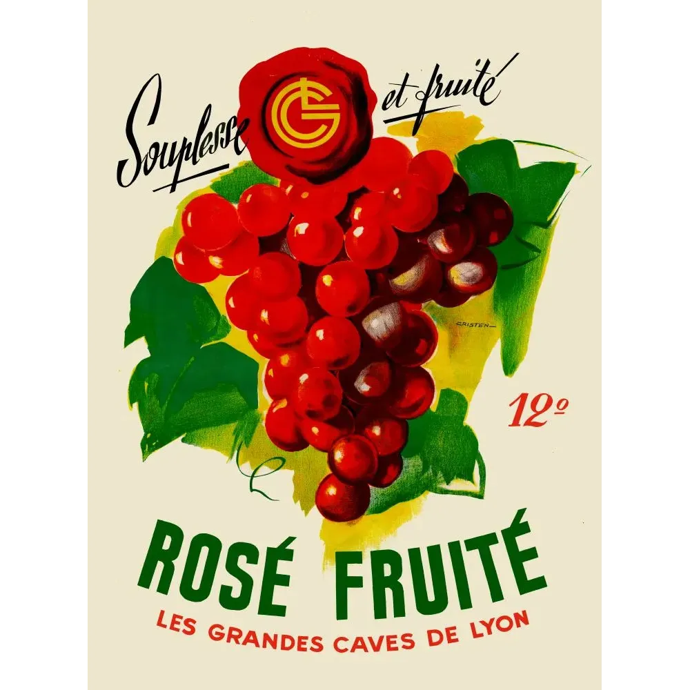 Affiche publicité Rosé Fruité Grandes Caves de Lyon années 1950 Cristen grappe raisins rouges brillants fond vert Affiche publicité Rosé Fruité Grandes Caves de Lyon années 1950 Cristen grappe raisins rouges brillants fond vert