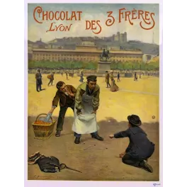 Affiche publicité Chocolat des 3 Frères Lyon 1901 P. Bonnaud gamins billes place Bellecour statue équestre