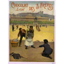 Affiche publicité Chocolat des 3 Frères Lyon 1901 P. Bonnaud gamins billes place Bellecour statue équestre