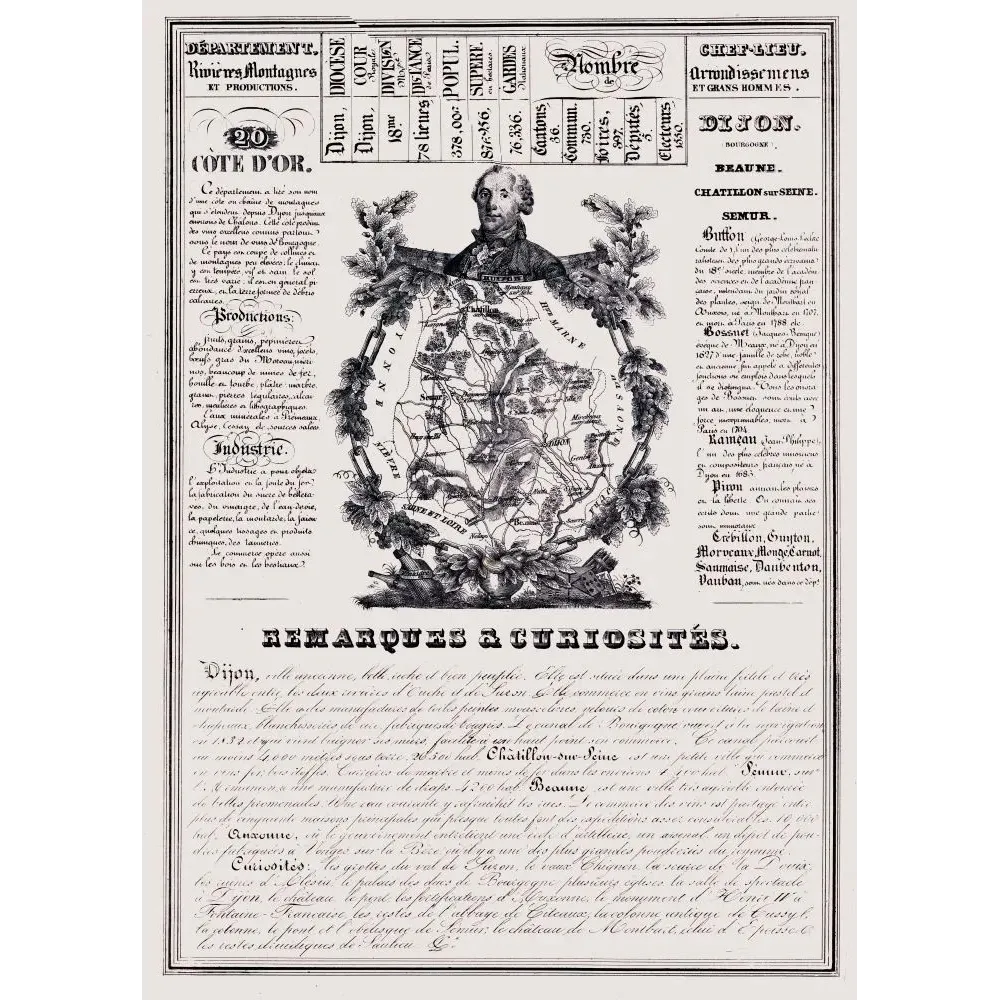 Document ancien département Côte-d'Or XIXe siècle carte Dijon Beaune Bourgogne portrait Buffon vins vignobles curiosités