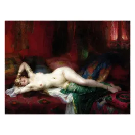 Reproduction peinture académique orientaliste XIXe siècle odalisque allongée bracelets dorés draperies rouges vertes harem