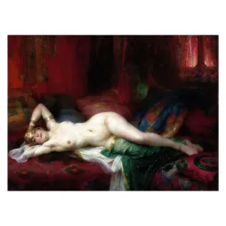 Reproduction peinture académique orientaliste XIXe siècle odalisque allongée bracelets dorés draperies rouges vertes harem