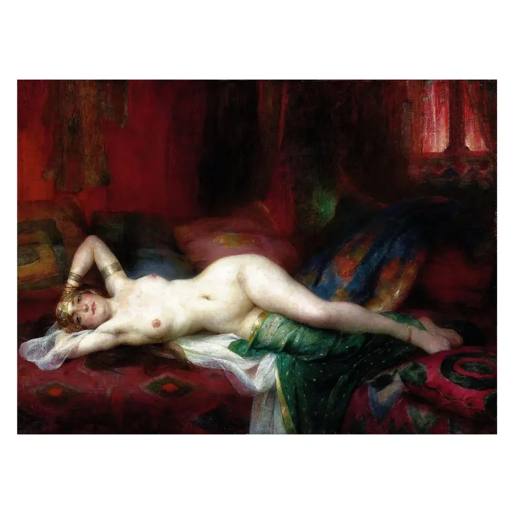 Reproduction peinture académique orientaliste XIXe siècle odalisque allongée bracelets dorés draperies rouges vertes harem