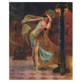 Reproduction peinture Gaston Bussière 1920 danseuse orientale voile brodé doré bracelets colonnes symbolisme lyonnais